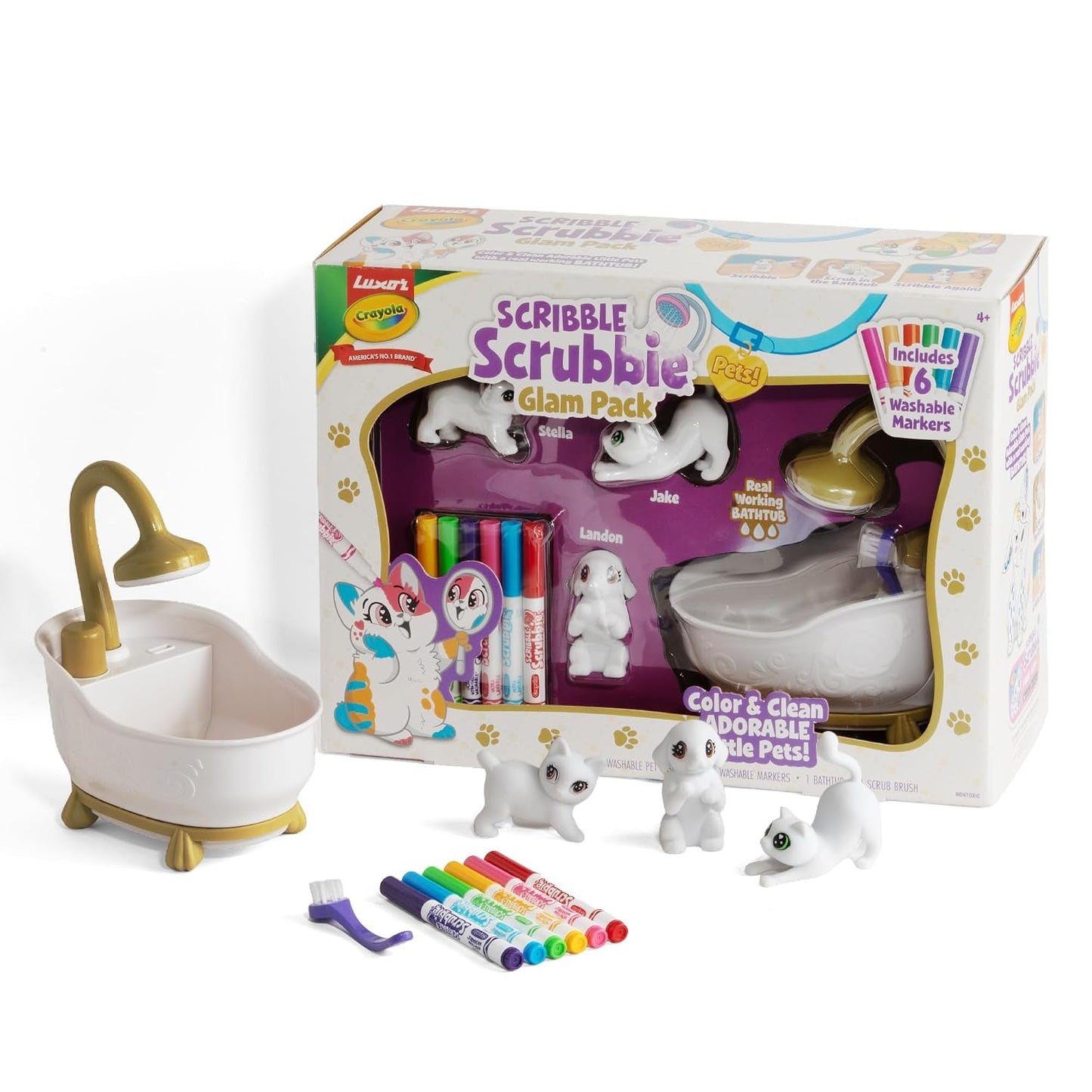 Luxor Crayola Scribble Scrubbie Pets Glam Pack Playset, 3 Washable Pets, 6 Markers, 1 Bathtub & 1 Scrub Brush, Non-Toxic, Gift for Kids