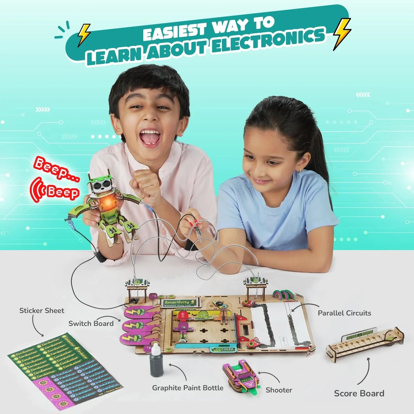 Smartivity Electricity Kit for Kids 8-14 | DIY Circuit & Robot Science Project with Light & Sound - Jaiman Toys