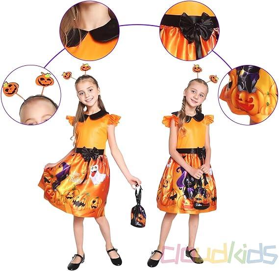 Girls’ Pumpkin Ghost Halloween Costume Dress – Cosplay Party Outfit
