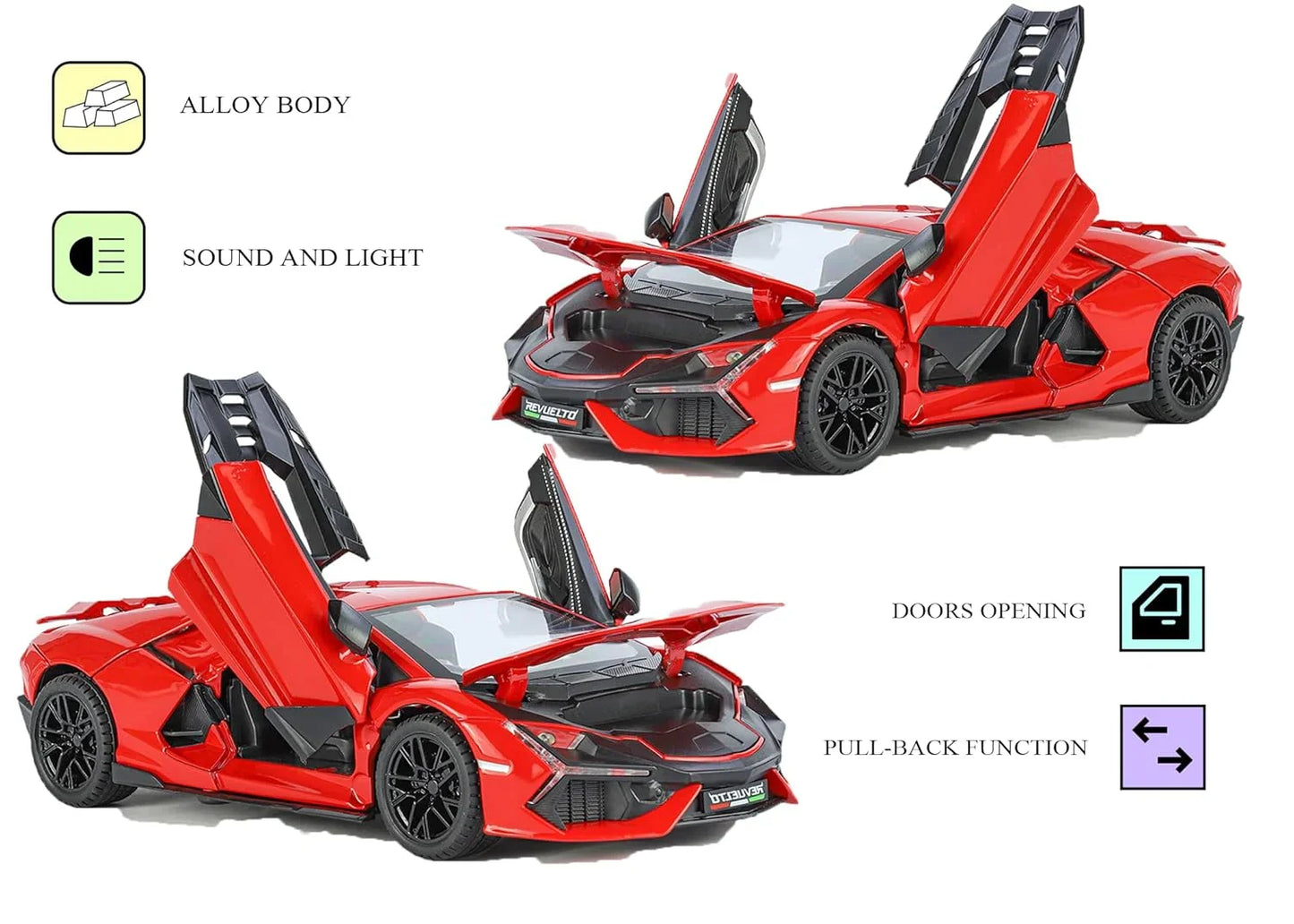 1:24 Lamborghini Street Car Die-Cast Metal Model – Pull Back Alloy Toy Car with Openable Doors, Light, Music & Display Bracket (Red) - Jaiman Toys