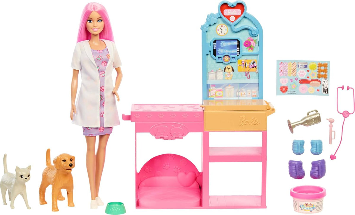 Barbie Fast Cast Veterinarian Clinic Playset | Pet Vet Doll with Dog, Cat & Dough Cast Feature