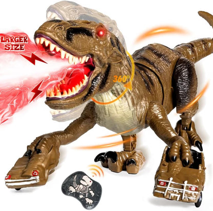 2.4GHz Remote Control T-Rex Dinosaur Toy with Mist Spray, Lights & Sound – Walking RC Robot Dinosaur with 360° Head Movement for Kids