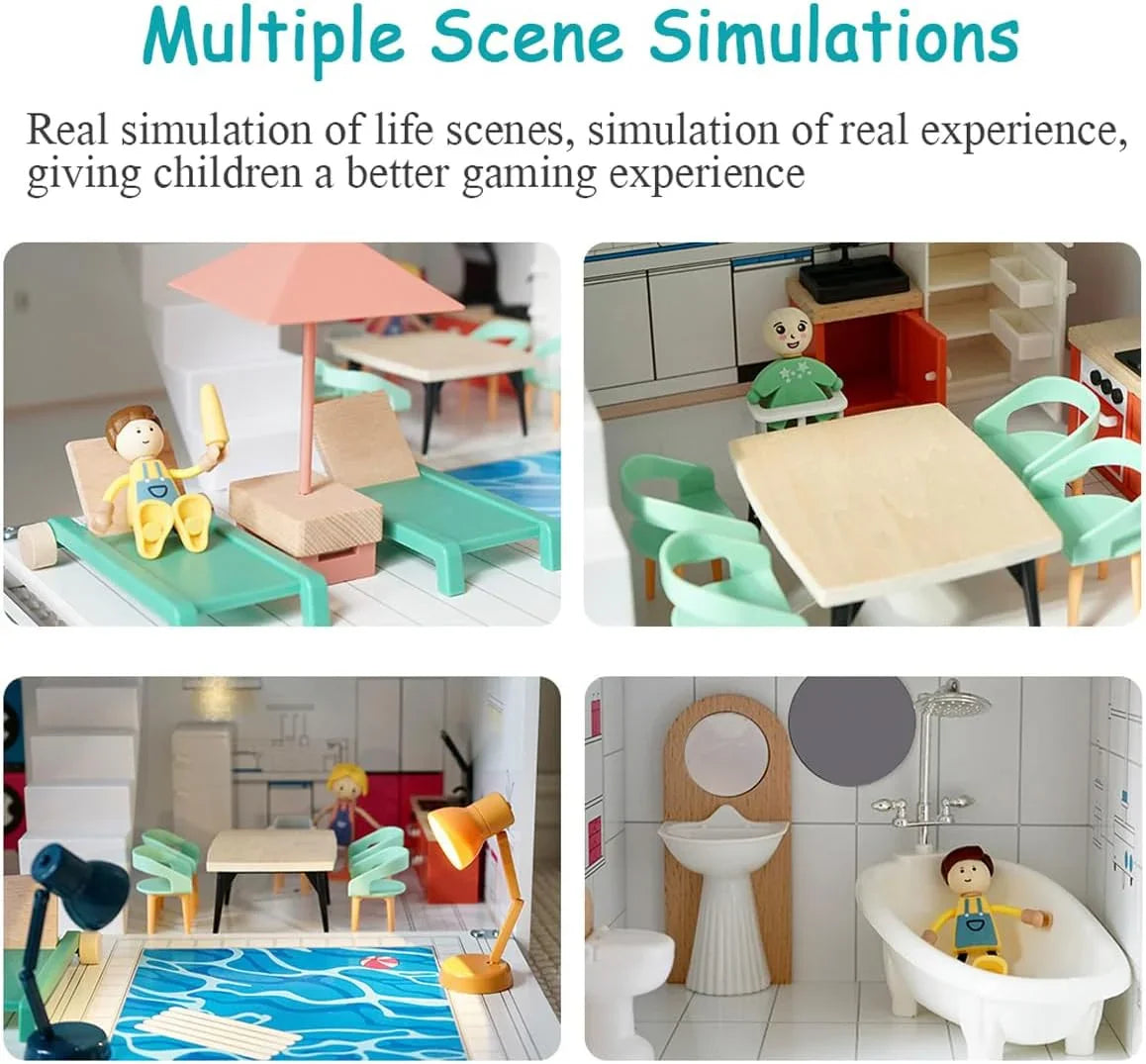 Breatoi - Wooden Doll House, Large 3-Story DIY Castle Doll House with Furnitures, Mini House Building Kit Montessori Toys for Ages 3+ - Jaiman Toys