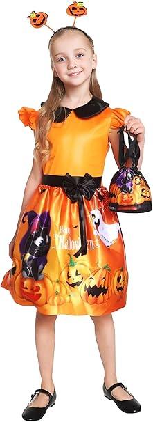 Girls’ Pumpkin Ghost Halloween Costume Dress – Cosplay Party Outfit