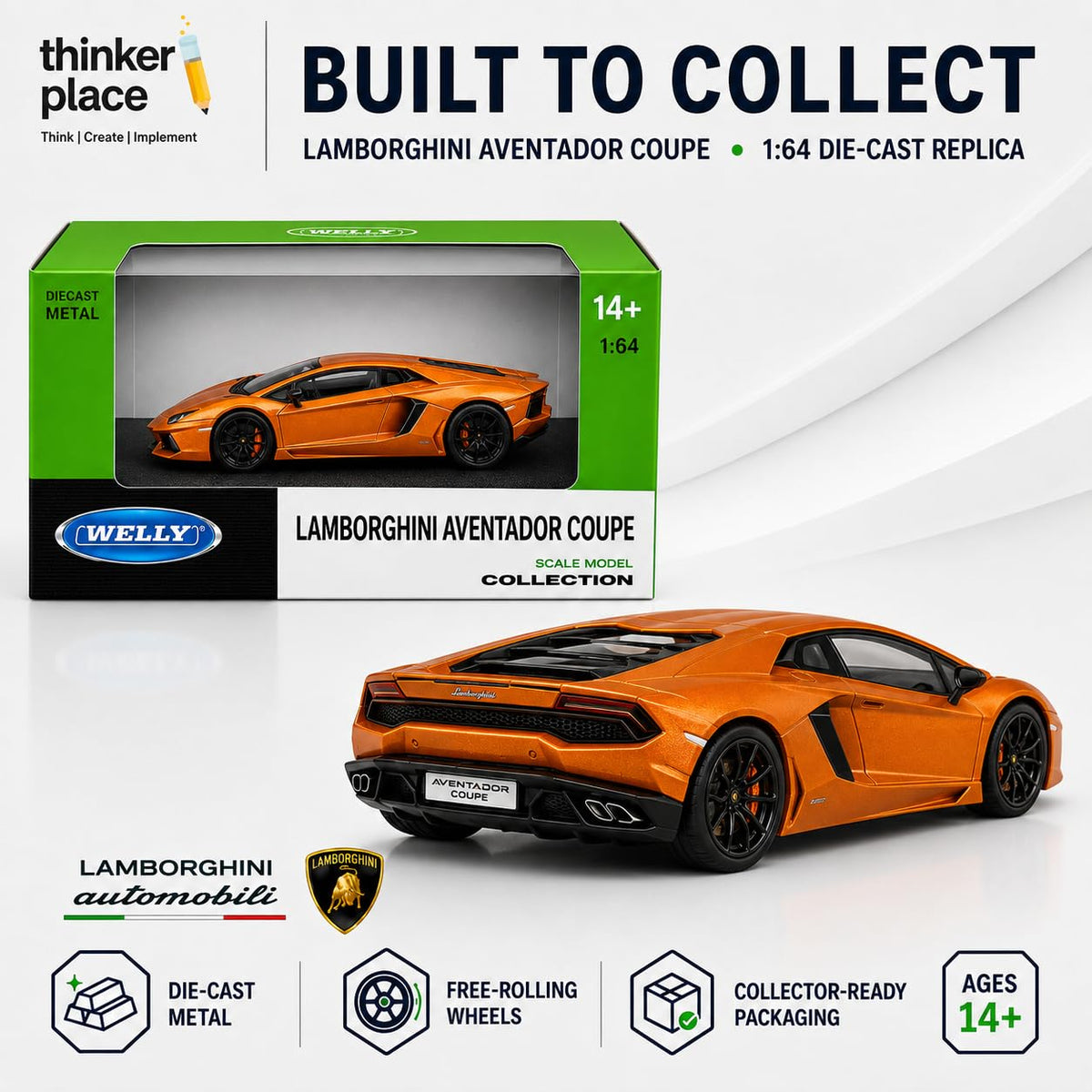 Welly 1:64 Lamborghini Aventador Coupe Metallic Orange Die-Cast Metal Model Car