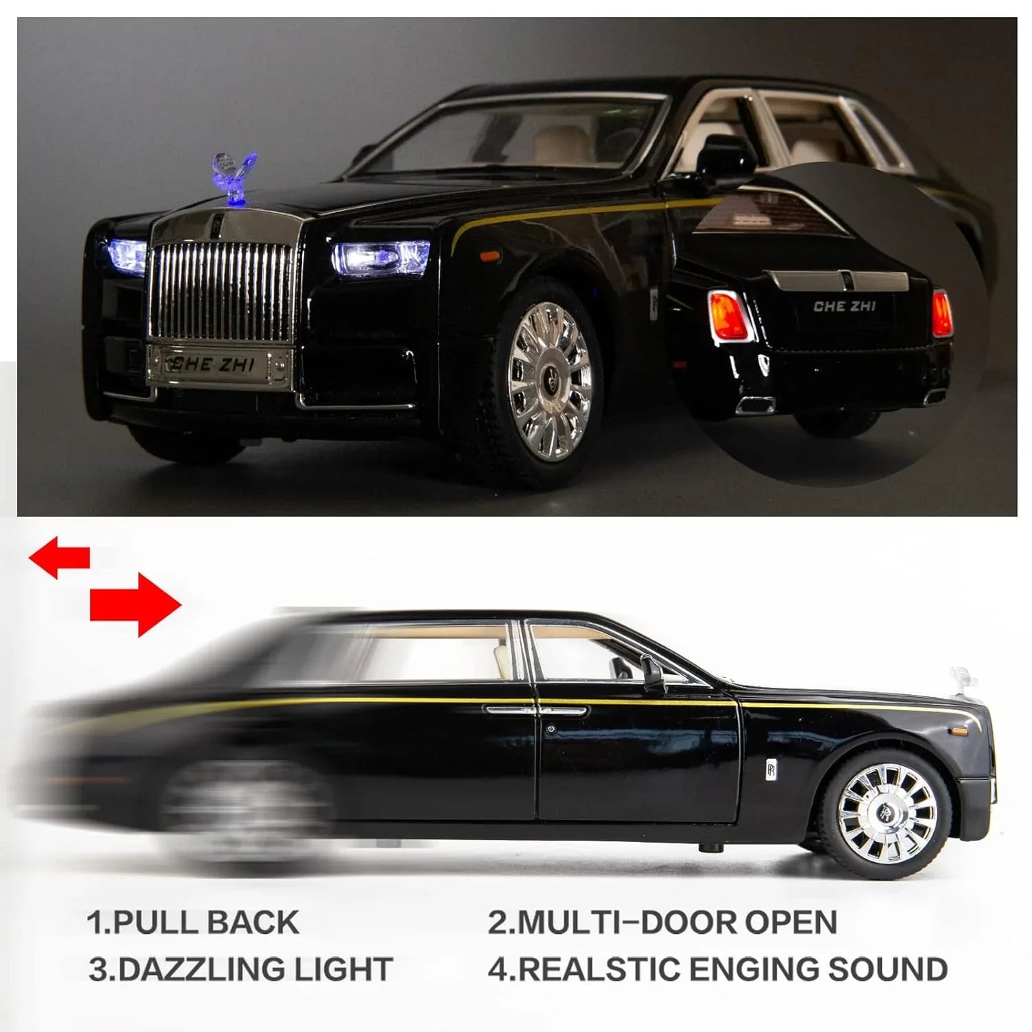 Che-ZHI  1:24 Scale Rolls-Royce Phantom Die-Cast Black Model with Lights and Sounds