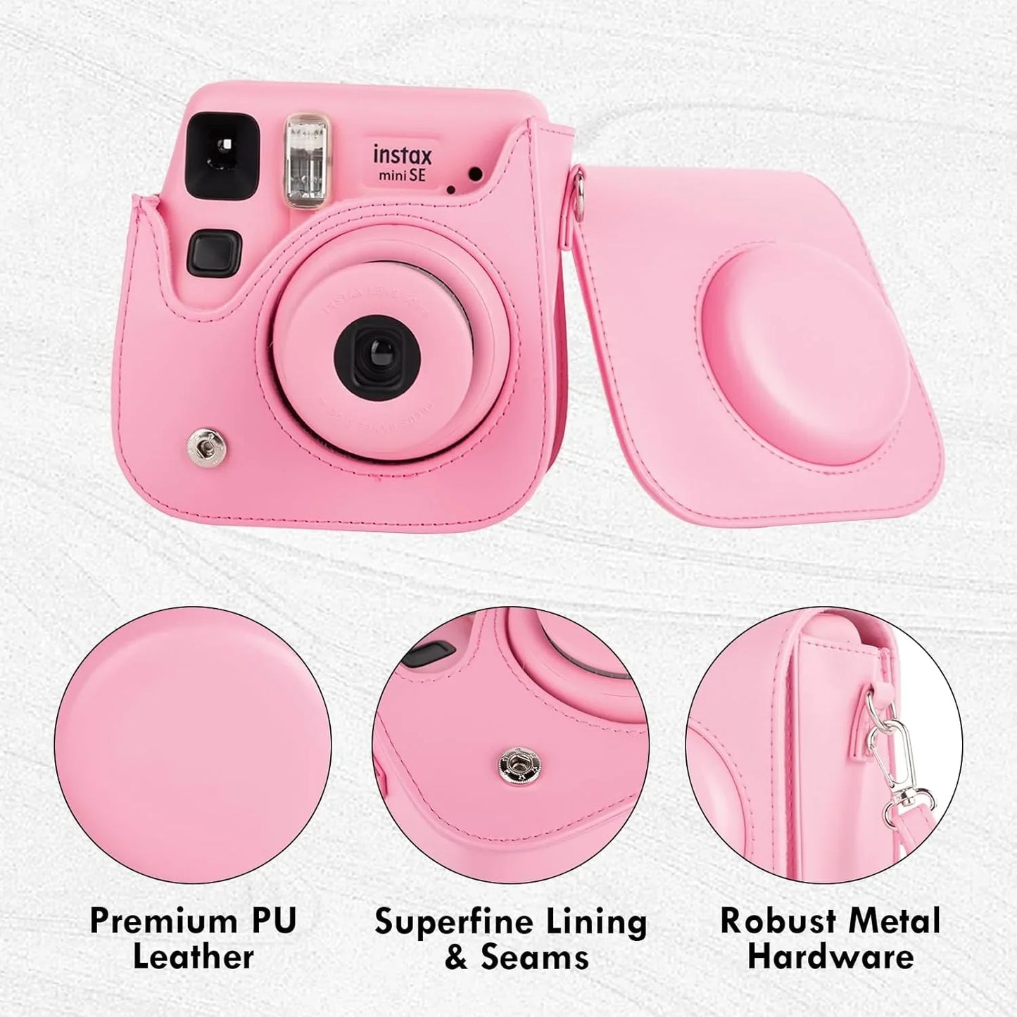 PU Leather Camera Case for Instax Mini SE – Protective Pouch with Adjustable Shoulder Strap - Pink - Jaiman Toys