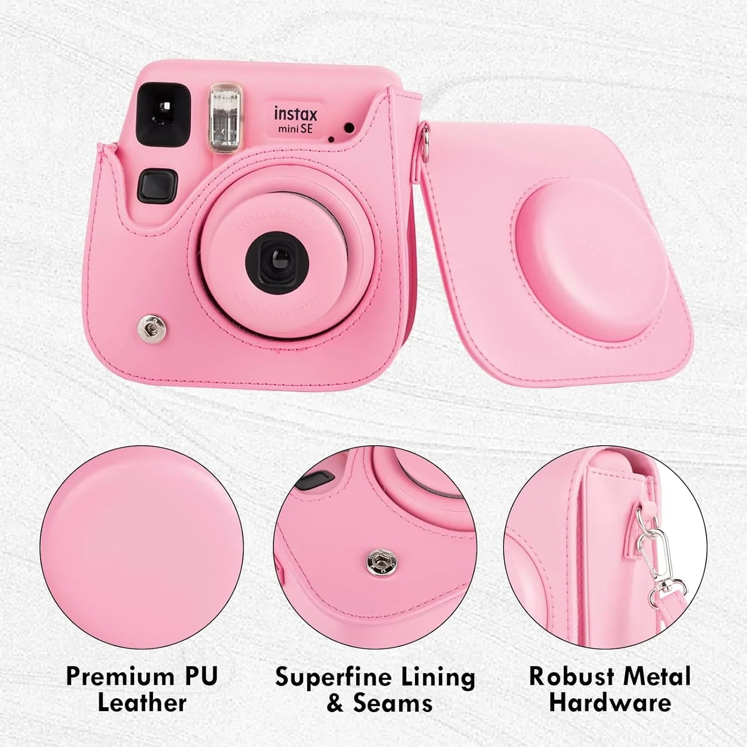 PU Leather Camera Case for Instax Mini SE – Protective Pouch with Adjustable Shoulder Strap - Pink - Jaiman Toys