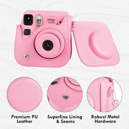 PU Leather Camera Case for Instax Mini SE – Protective Pouch with Adjustable Shoulder Strap - Pink - Jaiman Toys