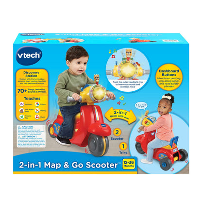 VTech 2-in-1 Map & Go Scooter | Interactive Ride-On Trike & Scooter with Lights, Sounds & Learning Activities | Ages 12–36 Months