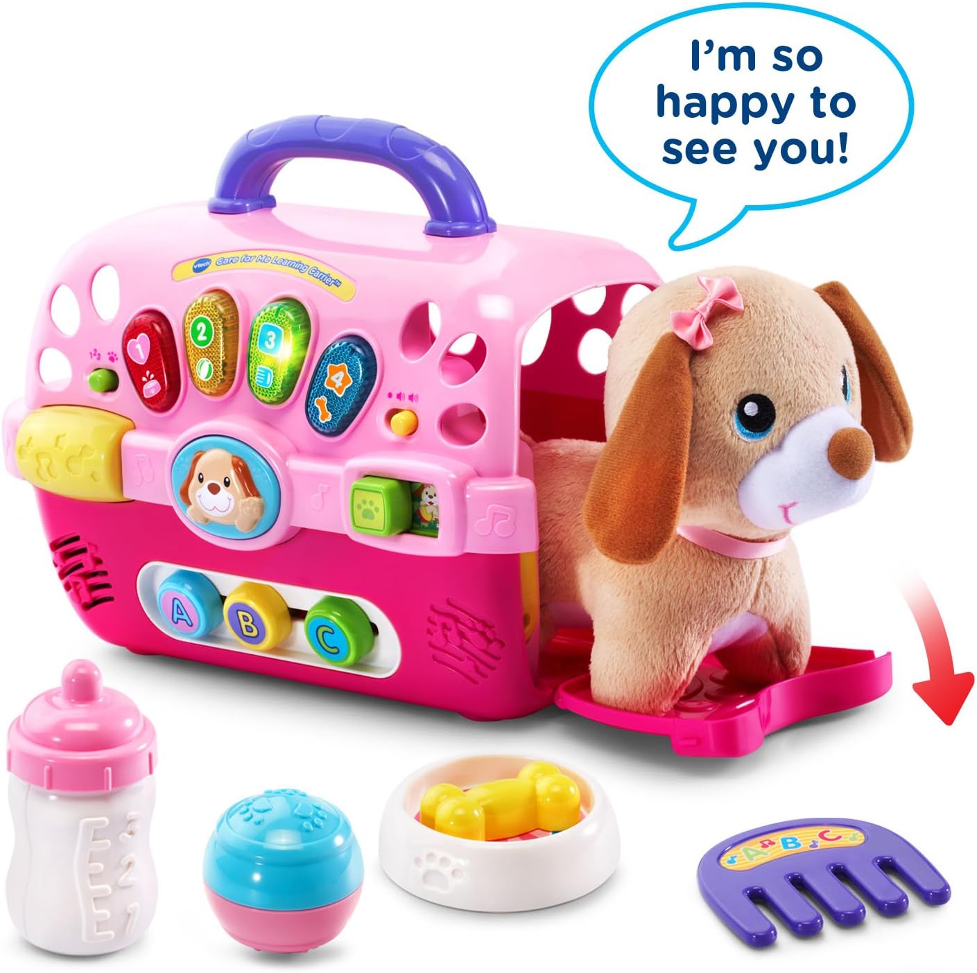 VTech Care for Me Learning Carrier Electronic Pet Carrier with Plush Puppy & Accessories – Interactive Educational Toy for Toddlers 9-36 Months