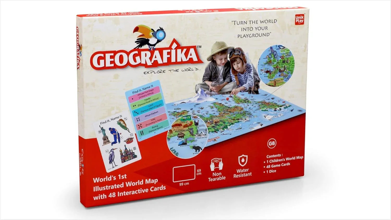 UnikPlay Geografika World Map Game with Illustrated Map & 40 Game Cards – Fun & Educational Geography Board Game for Kids Ages 6+ - Jaiman Toys
