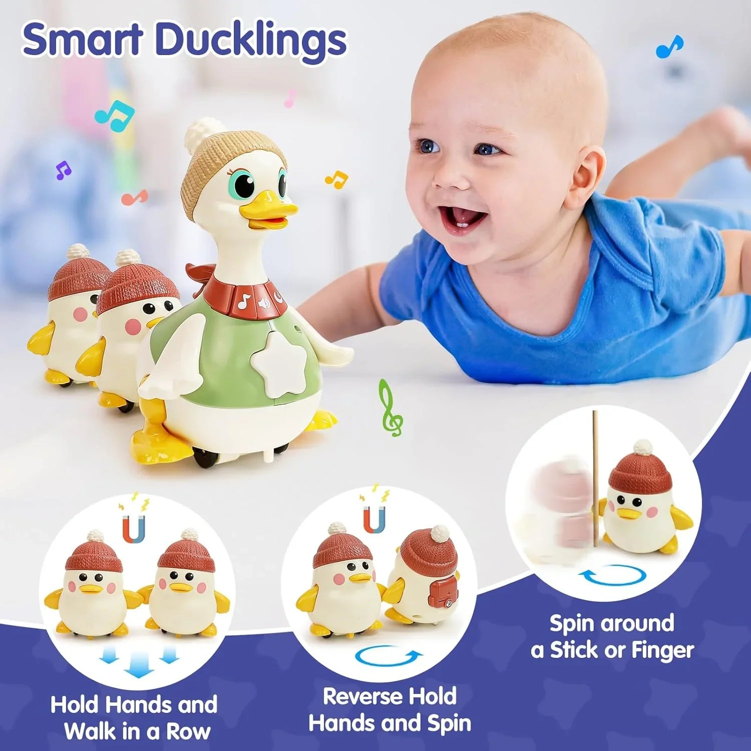 HOLA Baby 3-Pack Swinging Ducks Toys – Light & Music Tummy Time Toys for 6–18 Months - Jaiman Toys