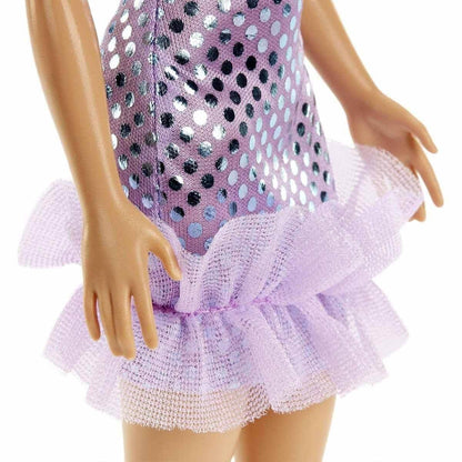 Barbie Doll with Blonde Hair: Lavender Metallic Mini Dress &amp; Trendy Accessories - Perfect Kids' Toy Gift!"