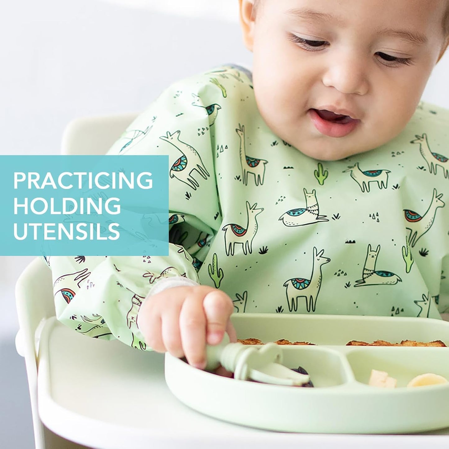 Bumkins Silicone Chewtensils Self-Feeding Baby Spoon & Fork Set – Sage | BPA-Free Food Grade Silicone Toddler Utensils | Easy Grip Baby Training Cutlery for Baby-Led Weaning | 6+ Months