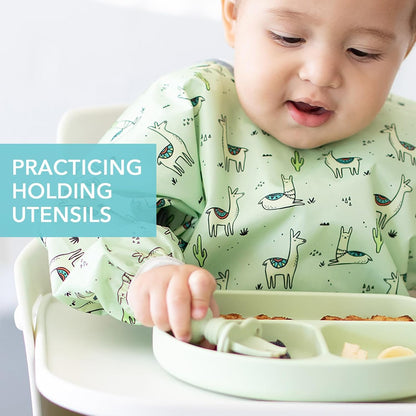 Bumkins Silicone Chewtensils Self-Feeding Baby Spoon & Fork Set – Sage | BPA-Free Food Grade Silicone Toddler Utensils | Easy Grip Baby Training Cutlery for Baby-Led Weaning | 6+ Months
