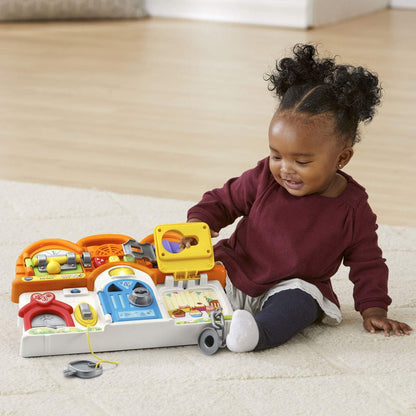 VTech Latches & Doors Busy Board, Multicolor | Interactive Montessori Learning Activity Board with Locks, Keys, Lights, Music & Educational Games for Toddlers