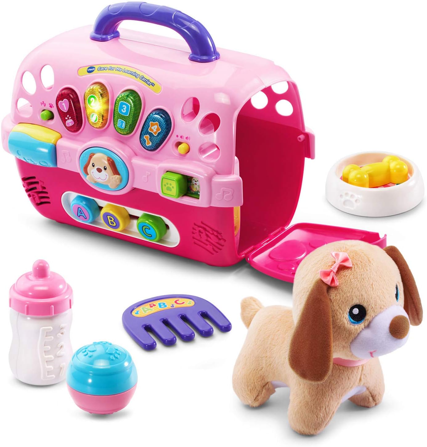 VTech Care for Me Learning Carrier Electronic Pet Carrier with Plush Puppy & Accessories – Interactive Educational Toy for Toddlers 9-36 Months