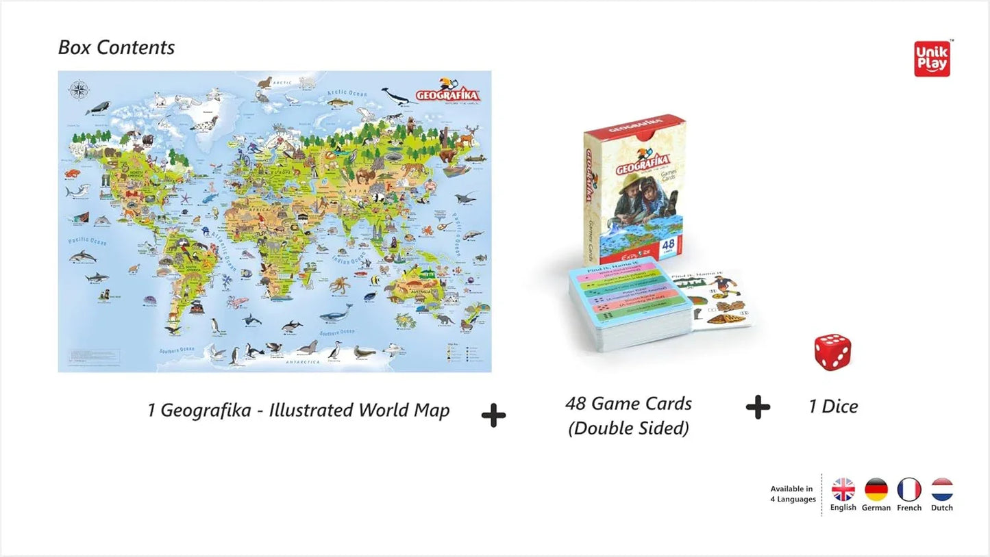 UnikPlay Geografika World Map Game with Illustrated Map & 40 Game Cards – Fun & Educational Geography Board Game for Kids Ages 6+ - Jaiman Toys