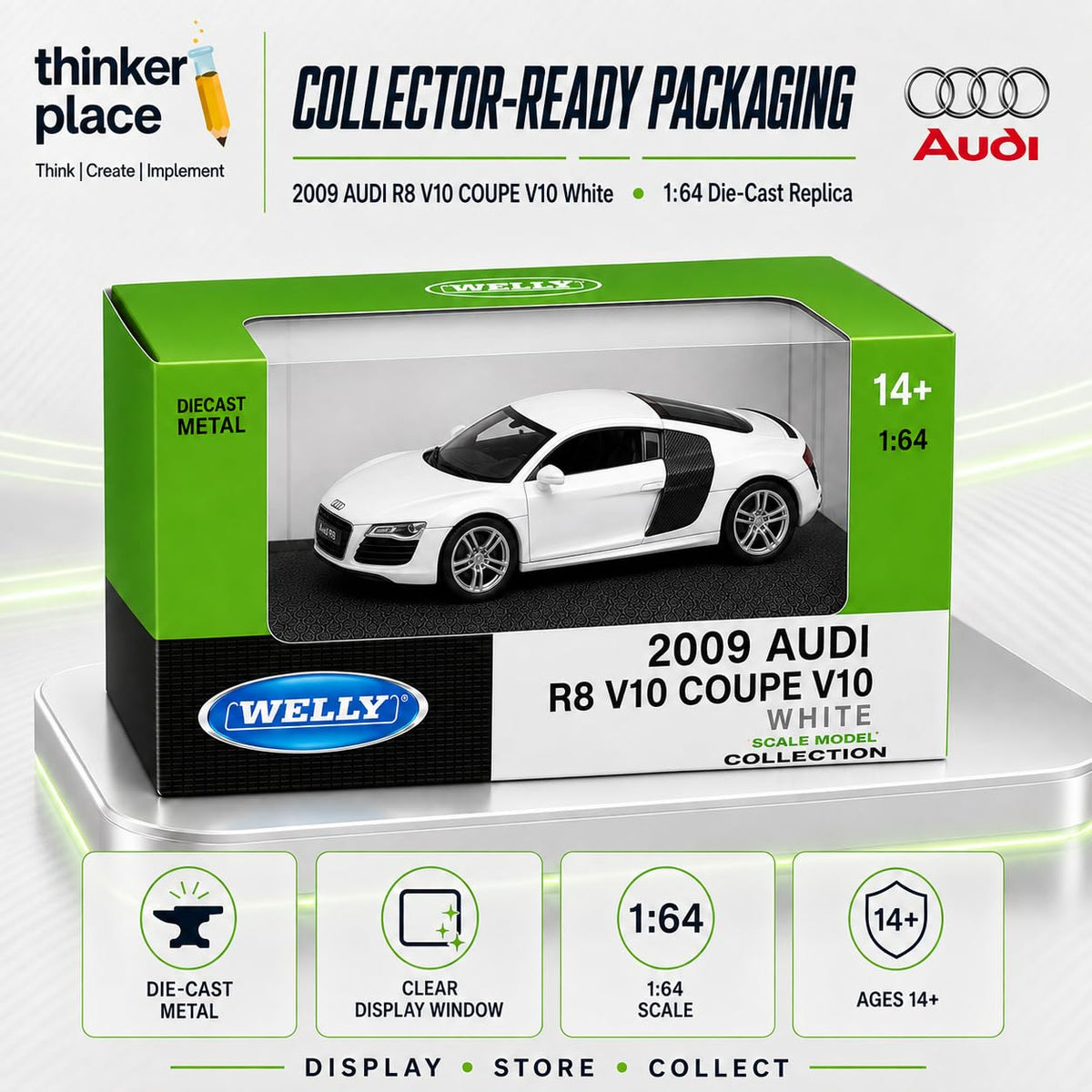 Welly 1:64 Audi 2009 R8 V10 Coupe White Die-Cast Metal Model Car