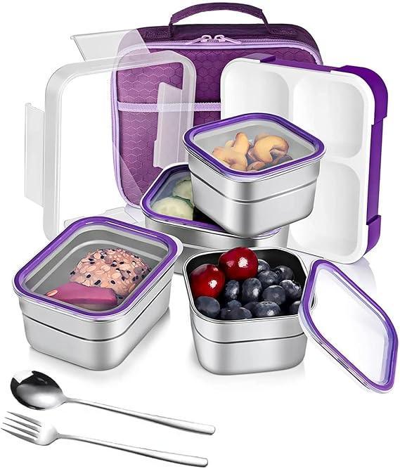 Stainless Steel Kids Lunch Box - 720ML Insulated Bento with Tableware & Bag, 3 Compartments, Leakproof, BPA-Free, Dishwasher Safe - Purple