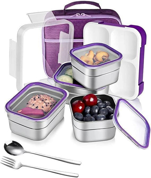 Stainless Steel Kids Lunch Box - 720ML Insulated Bento with Tableware & Bag, 3 Compartments, Leakproof, BPA-Free, Dishwasher Safe - Purple