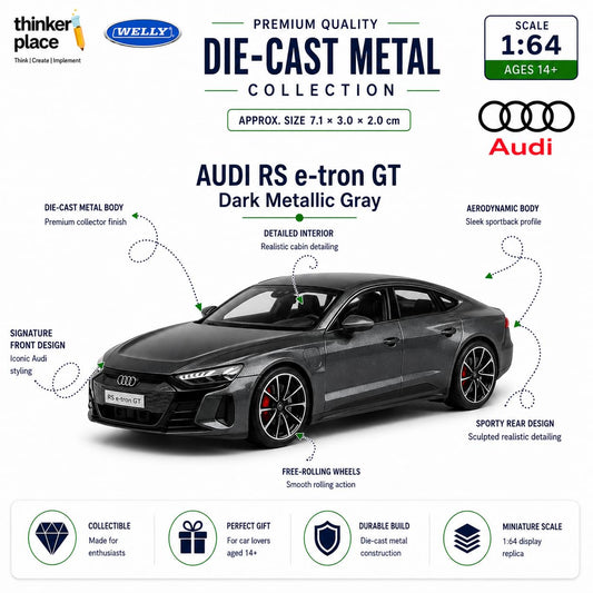 Welly 1:64 Audi RS e-tron GT Dark Metallic Gray Die-Cast Metal Model Car