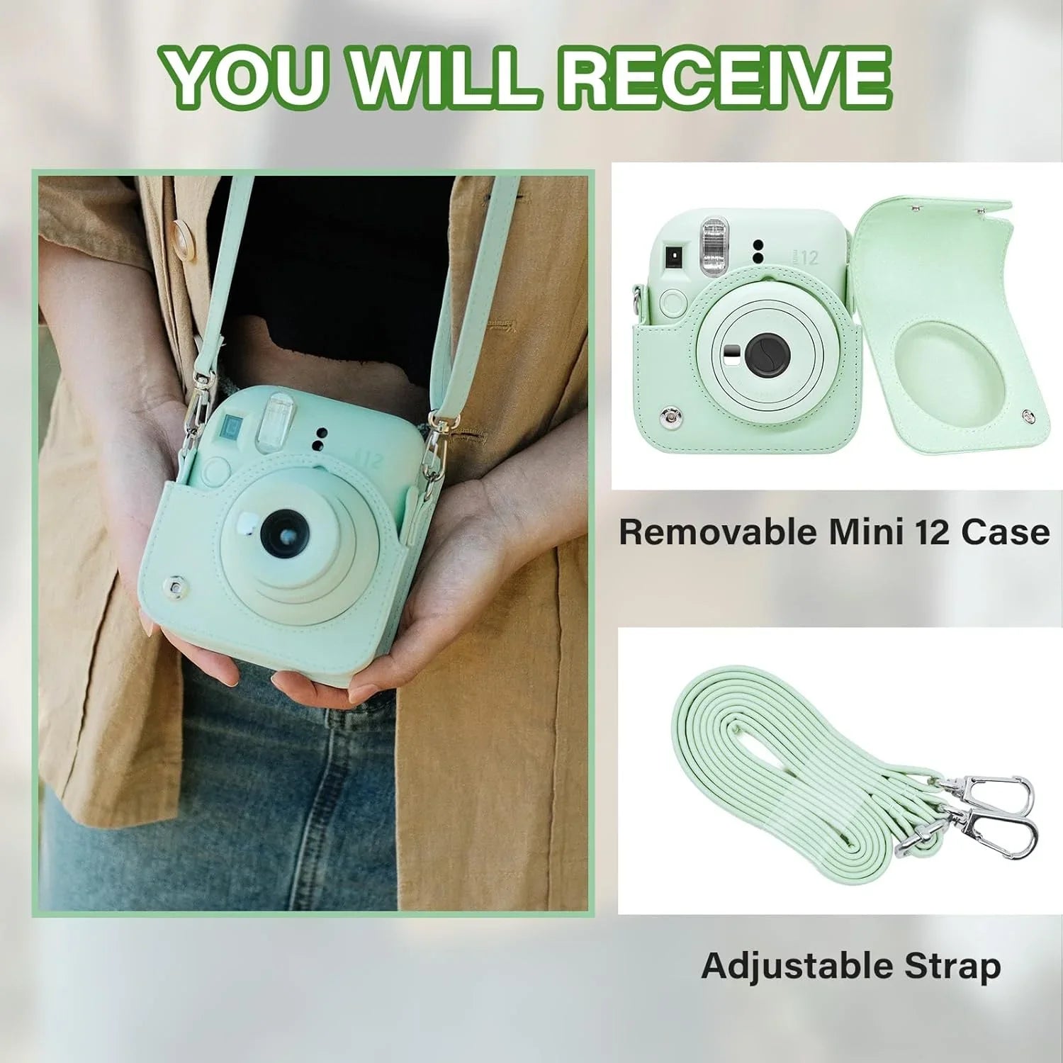 Pop & Snap in Style – Mini 12 Camera Case with Strap (Perfect Fit for Instax Mini 12) - Mint Green - Jaiman Toys