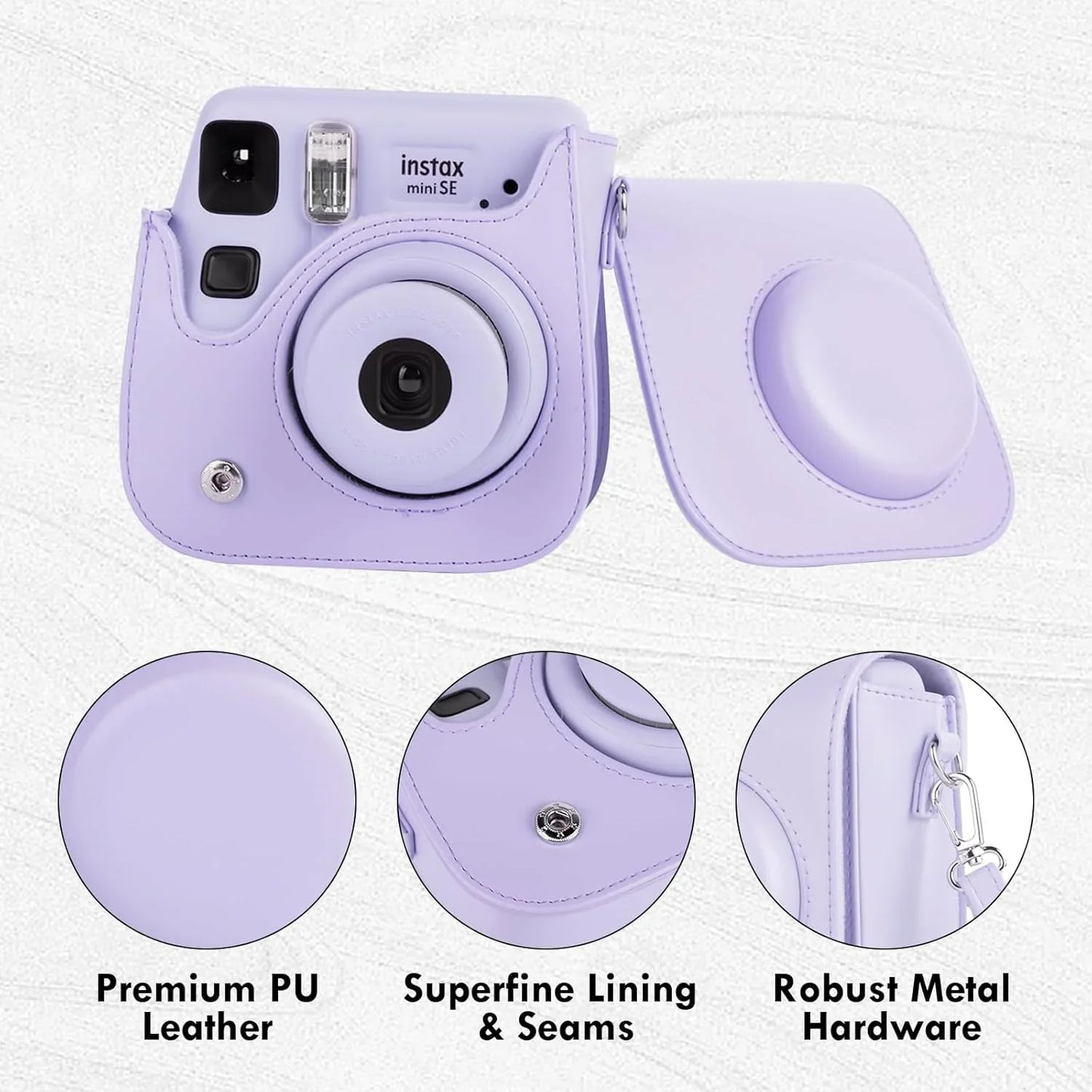 PU Leather Camera Case for Instax Mini SE – Protective Pouch with Adjustable Shoulder Strap - Purple - Jaiman Toys