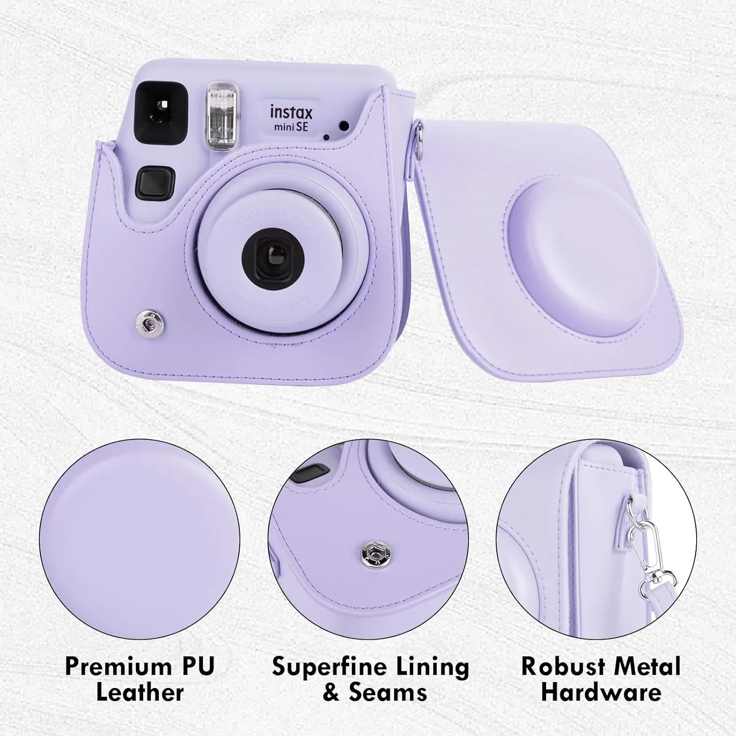 PU Leather Camera Case for Instax Mini SE – Protective Pouch with Adjustable Shoulder Strap - Purple - Jaiman Toys