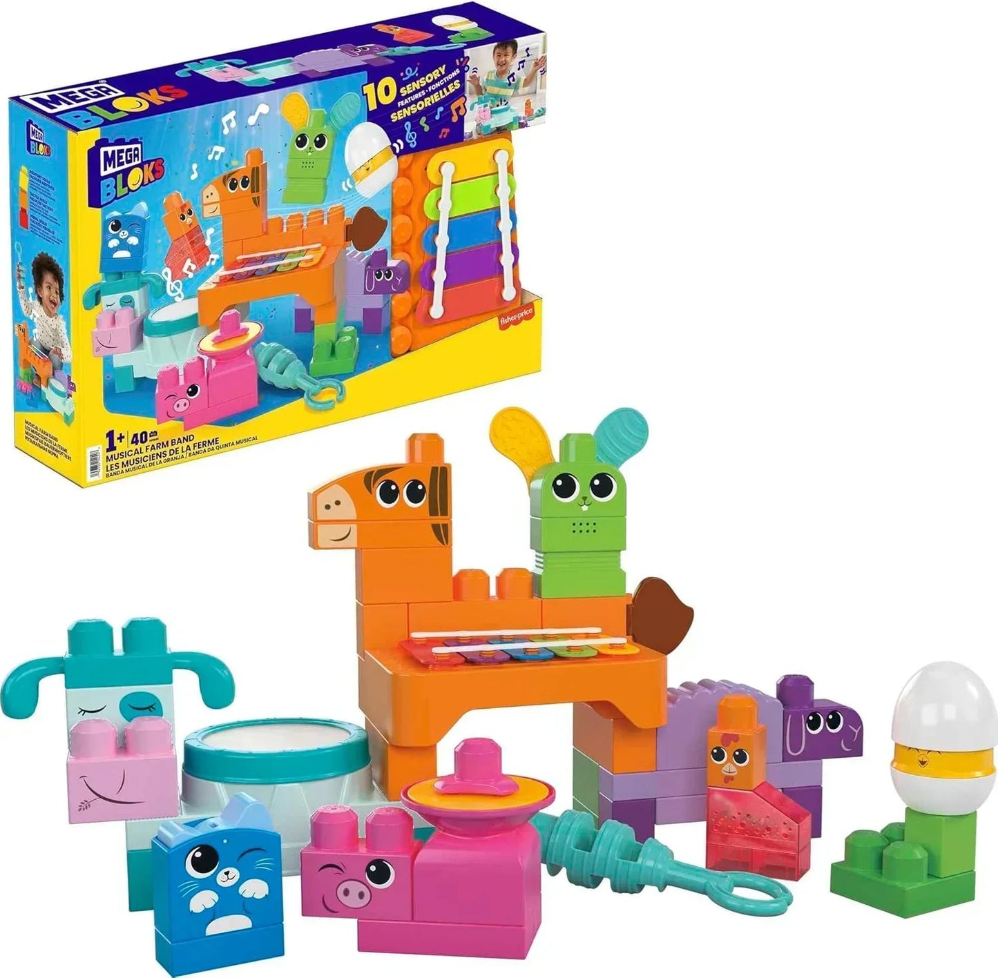MEGA BLOKS Fisher Price Musical Farm Band Sensory Block Toy (45 Pieces) for Toddler - Jaiman Toys