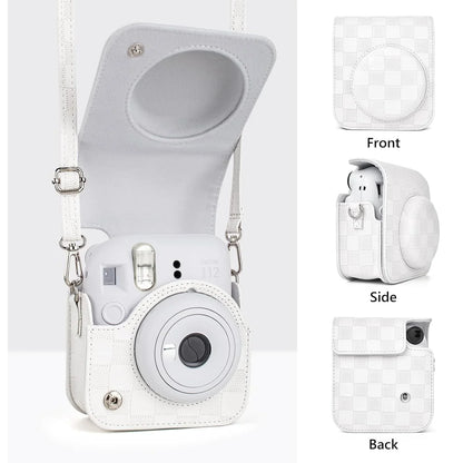 Checkmate Style – Chess Board PU Leather Camera Case for Instax Mini 12 with Adjustable Strap - Clay White - Jaiman Toys