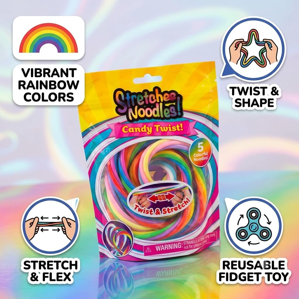Stretchee Noodles Candy Twist Stretchy Fidget Toy – 5 Pc Colorful Sensory Noodle Strings for Stress Relief, Tactile Play & Calming – Flexible Stretch Toys for Kids & Adults