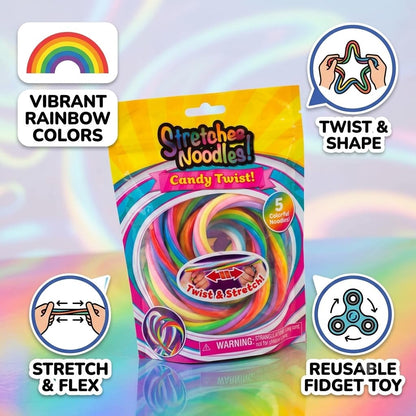 Stretchee Noodles Candy Twist Stretchy Fidget Toy – 5 Pc Colorful Sensory Noodle Strings for Stress Relief, Tactile Play & Calming – Flexible Stretch Toys for Kids & Adults