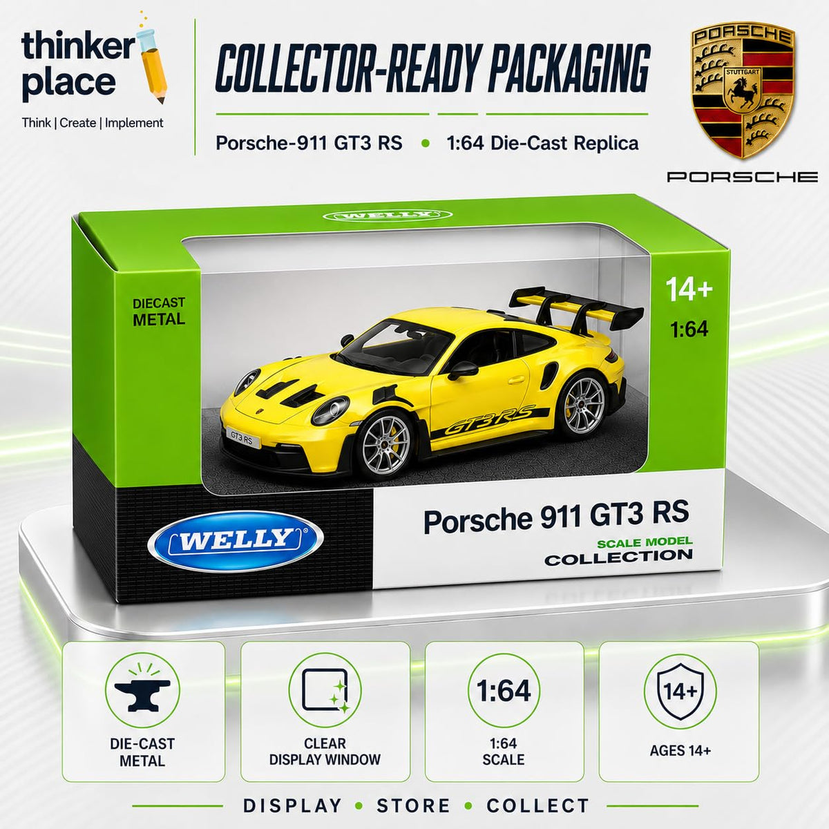 Welly 1:64 Porsche 911 GT3 RS (992) Yellow Die-Cast Metal Model Car