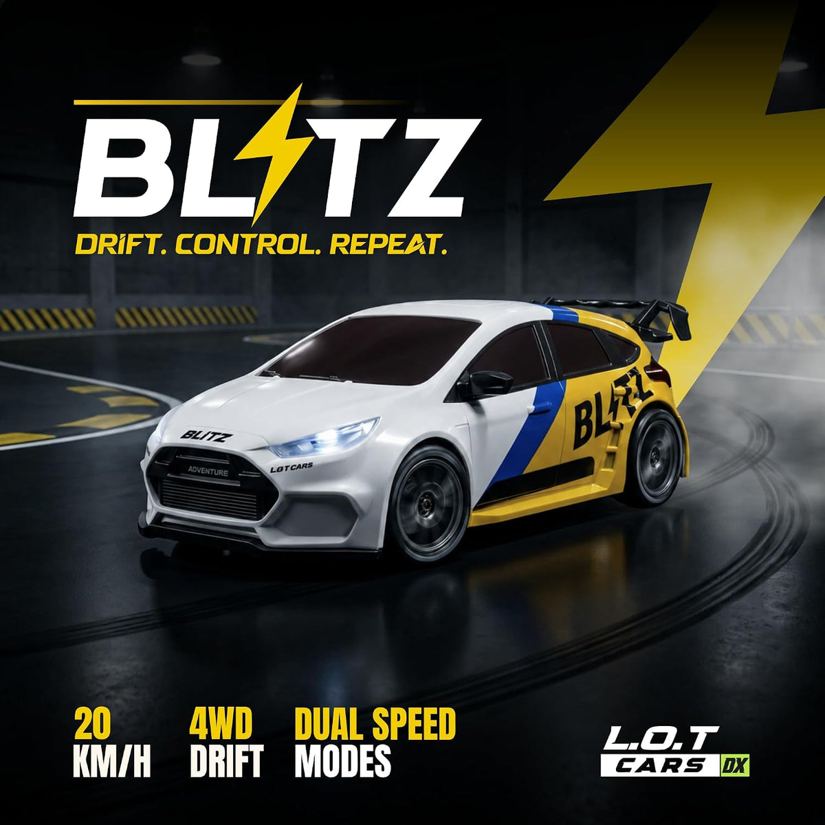 Blitz Remote Control Car with Exhaust Lights | 4x4 RC Drifting Car 20 km/h, 2.4GHz Wireless Remote, 100m Range, Race-Ready ABS Body | White