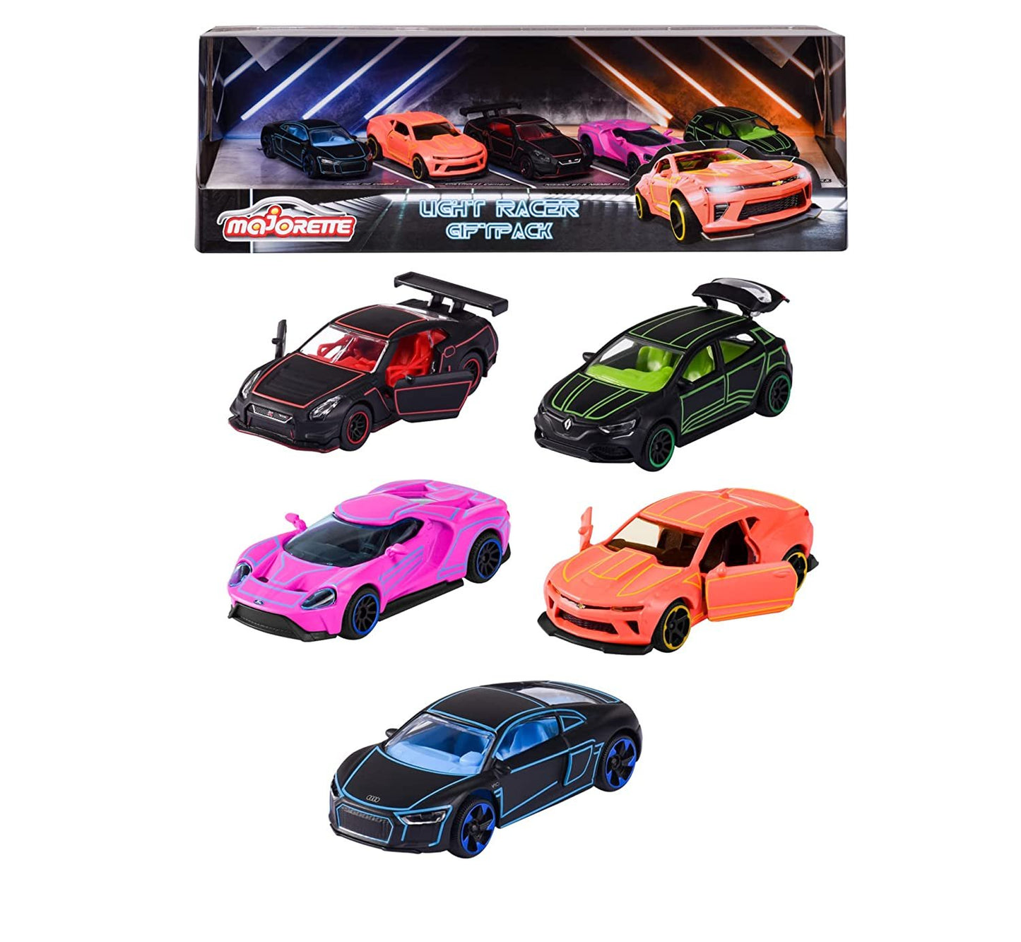 Majorette Light Racer Toy Car Set with Different Die Cast Metal Vehicles, 7.5 cm Each, Scale 1:64 with Rotating Wheels and Opening Parts for Children Aged 3 and Above Boys, Girls, Kids- Set of 5