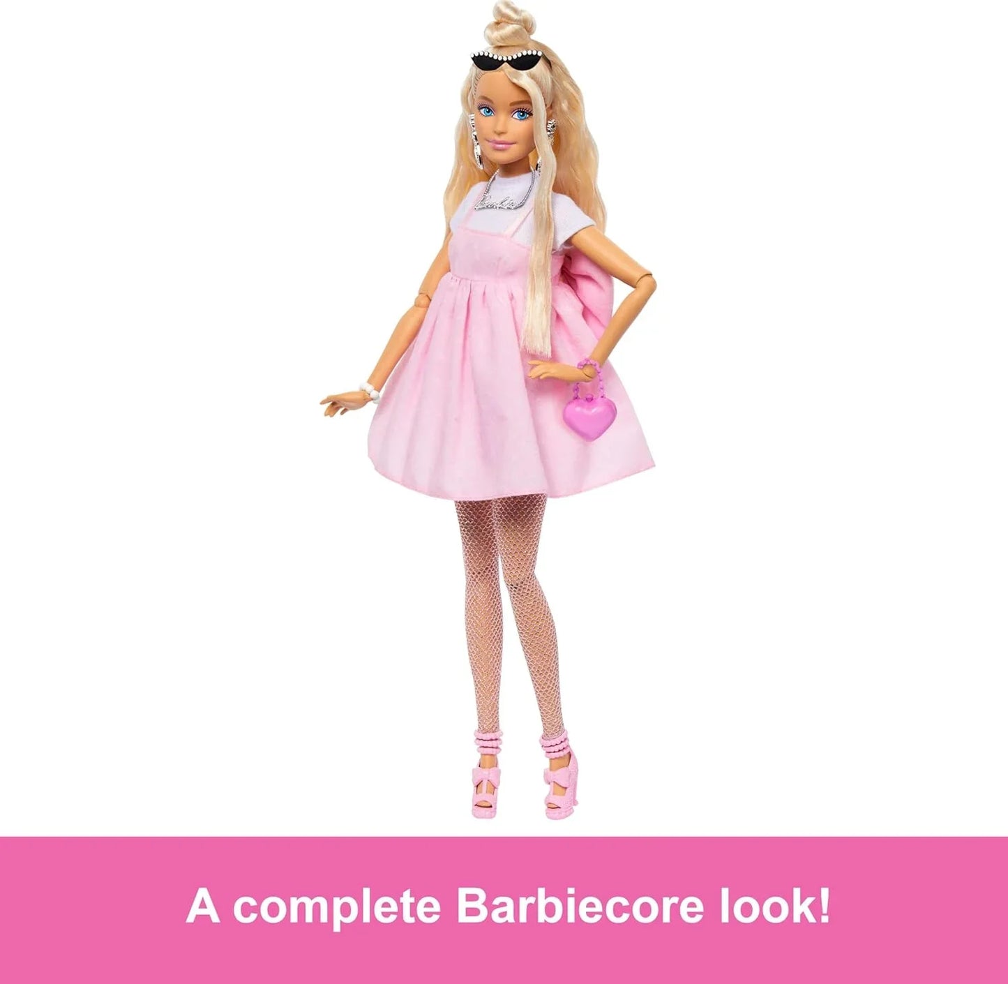 Barbie Deluxe Style Doll #3 in Barbiecore Outfit, Blond Hair in Top Knot, Pink Pastel Dress with Oversized Bow and Accessories Like Mesh Tights - Jaiman Toys