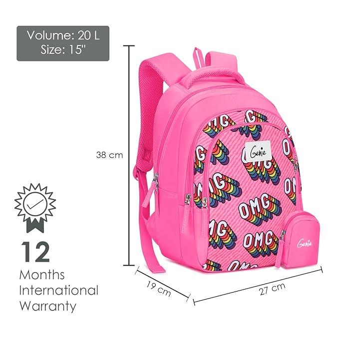 Genie School Bags OMG Kids Backpack – 15" Cute & Colorful Bag for Girls with Happy Pouch - Jaiman Toys
