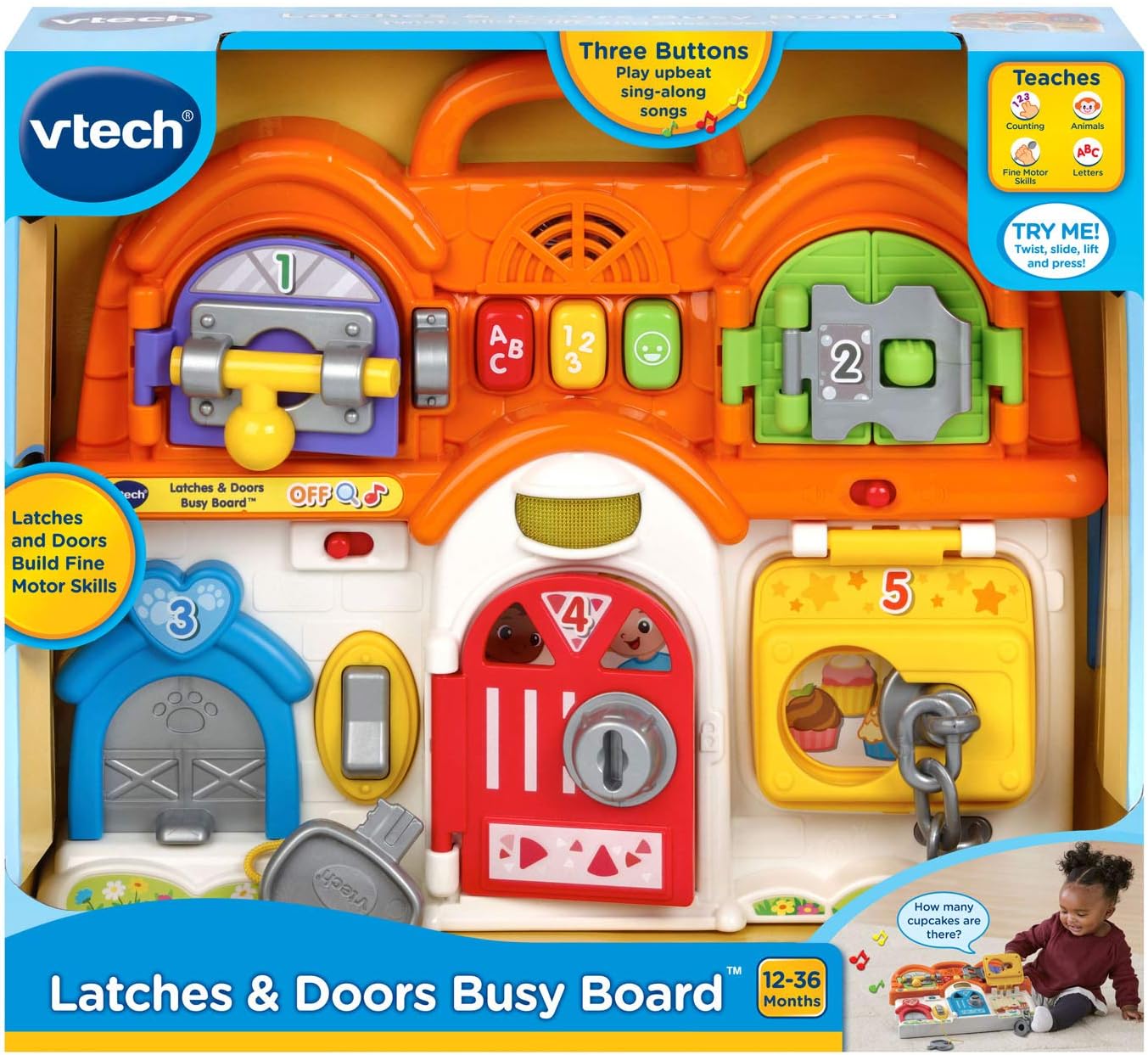 VTech Latches & Doors Busy Board, Multicolor | Interactive Montessori Learning Activity Board with Locks, Keys, Lights, Music & Educational Games for Toddlers