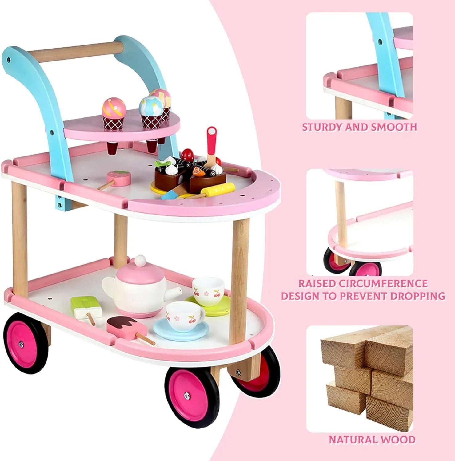 Sweet Treats Wooden Ice Cream & Tea Trolley – Pretend Play Cart for Kids - Jaiman Toys