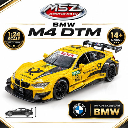 MSZ 1:24 Scale BMW M4 DTM Racing Diecast Model Car – Yellow Deutsche Post Edition, Metal Body Collectible with Detailed Interior, Opening Features & Display Model for Ages 14+