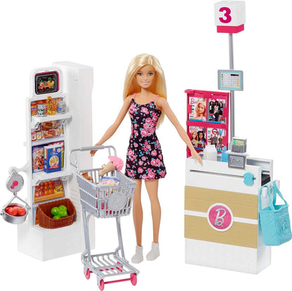 Barbie® Doll, Blonde, and Grocery Store with Rolling Cart and Working Belt