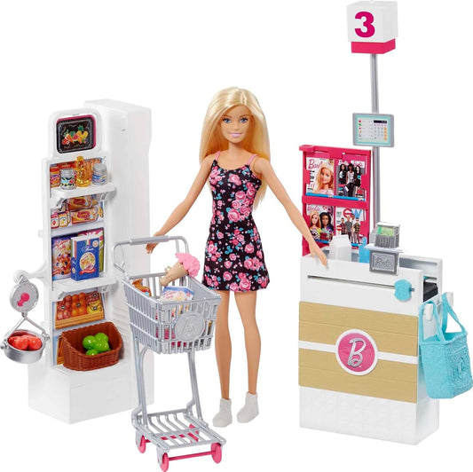 Barbie® Doll, Blonde, and Grocery Store with Rolling Cart and Working Belt