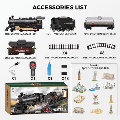 Classic Steam Train Set with Remote Control, Smoke, Whistle & Lights | Rechargeable Railway Toy with Cargo Cars & Tracks