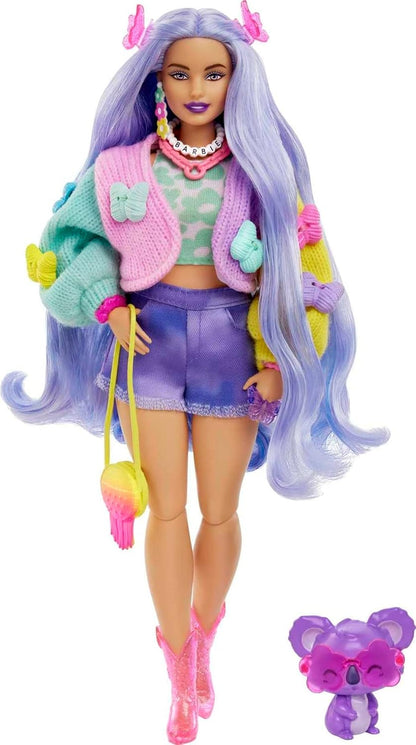 Barbie® Doll with Pet Koala, Extra, Kids Toys, Clothes and Accessories, Wavy Lavender Hair, Colorful Butterfly Sweater, Pink Boots