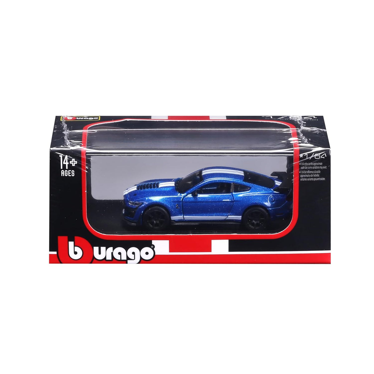 Bburago 1:64 2020 Ford Mustang Shelby GT500 Die-Cast Model Car | Metallic Blue with White Racing Stripes, Display Base & Collector Box | 14+