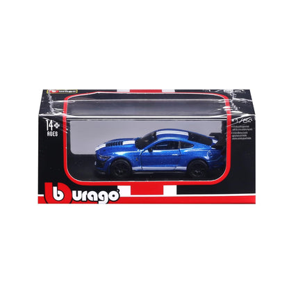 Bburago 1:64 2020 Ford Mustang Shelby GT500 Die-Cast Model Car | Metallic Blue with White Racing Stripes, Display Base & Collector Box | 14+