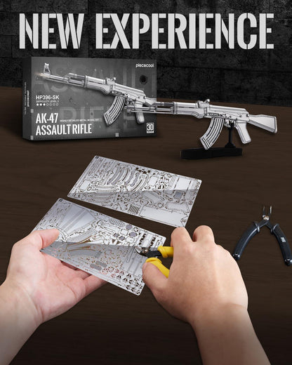 Piececool 3D Metal Puzzle AK-47 Assault Rifle Model – 121 Pieces – Level 3 Difficulty – Stainless Steel DIY Model Kit