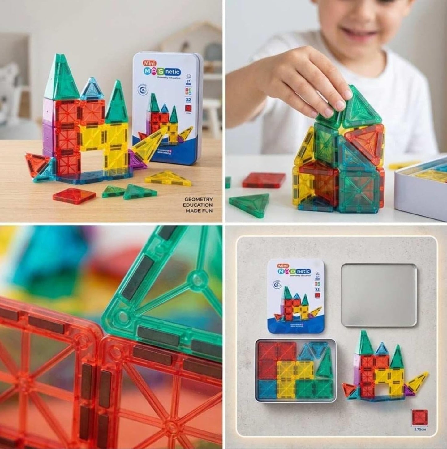 32-Piece Mini Magnetic Building Tiles Set | 3D Translucent Magnetic Construction Blocks | STEM Educational Geometry Learning Toy for Kids